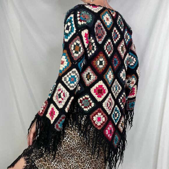 Sue Wong knit studio granny square crochet sweater fringe vintage Y2K wool L - Picture 11 of 14